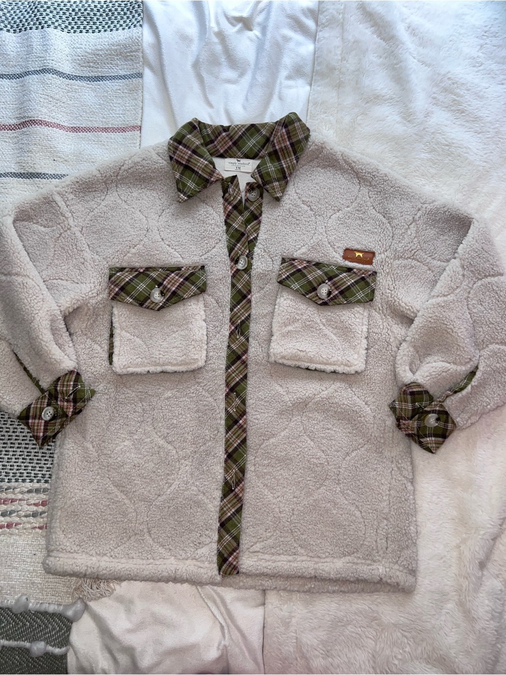 Simply Southern Cream Sherpa Jacket with Olive Plaid Trim